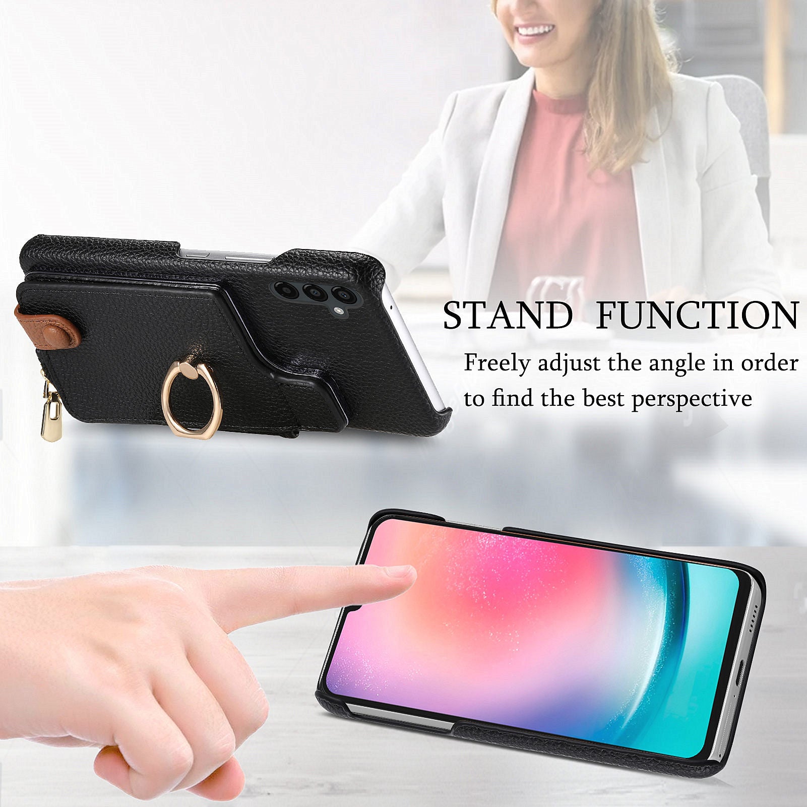 Y3 For Samsung Galaxy A24 4G (162.1 x 77.6 x 8.3mm) Case Ring Kickstand Leather+TPU Phone Cover Y3 For Samsung Galaxy A24 4G (162.1 x 77.6 x 8.3mm) Case Ring Kickstand Leather+TPU Phone Cover